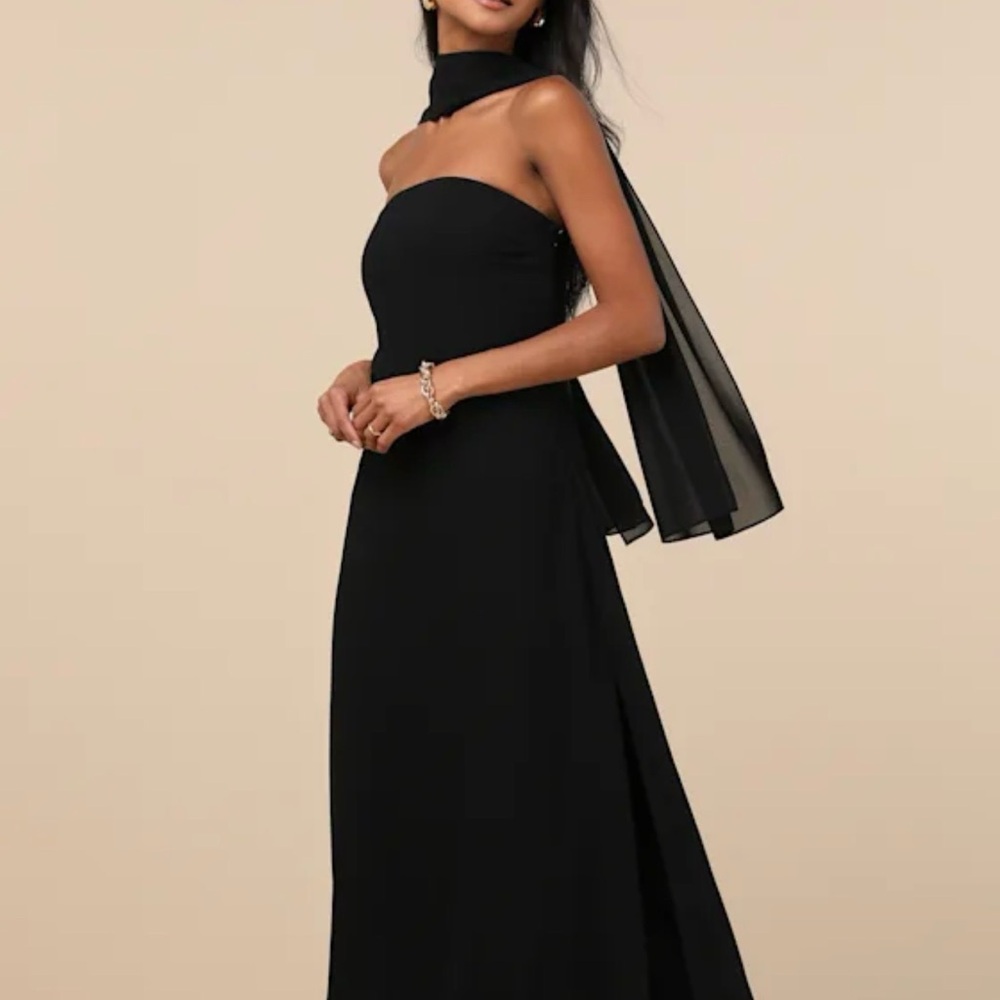 Lulu's Strapless Black Chiffon-Accented Evening Gown
